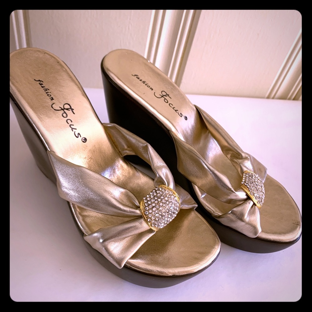 Gold wedge Slide Sandals Mules w Crystal Accents